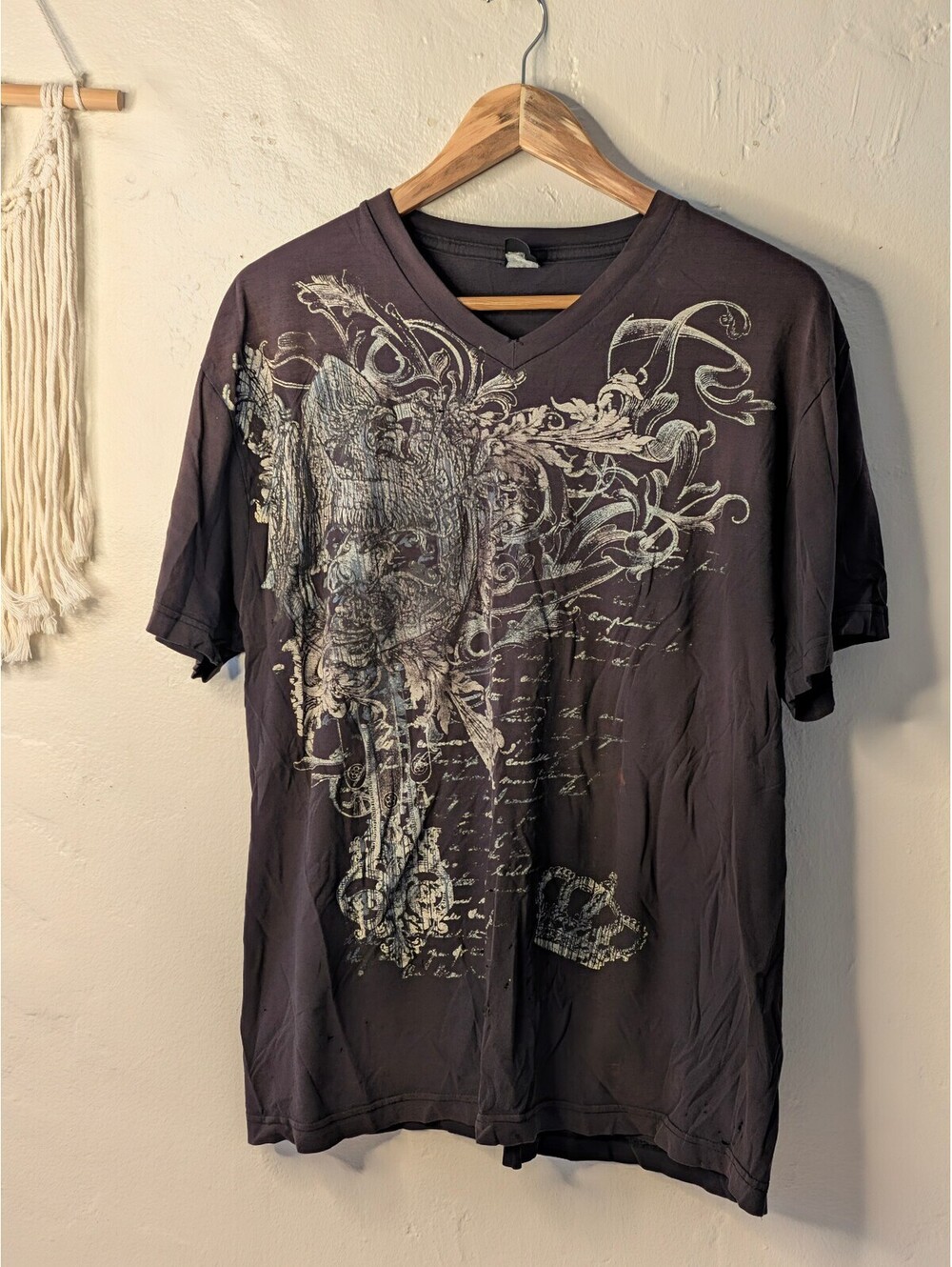 Vintage Point Zero Dark Grey V-Neck Graphic Tee Faded Y2K Streetwear